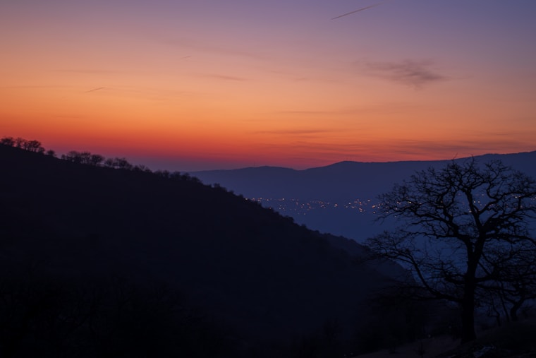 a sunset over a mountain with a tree in the foreground