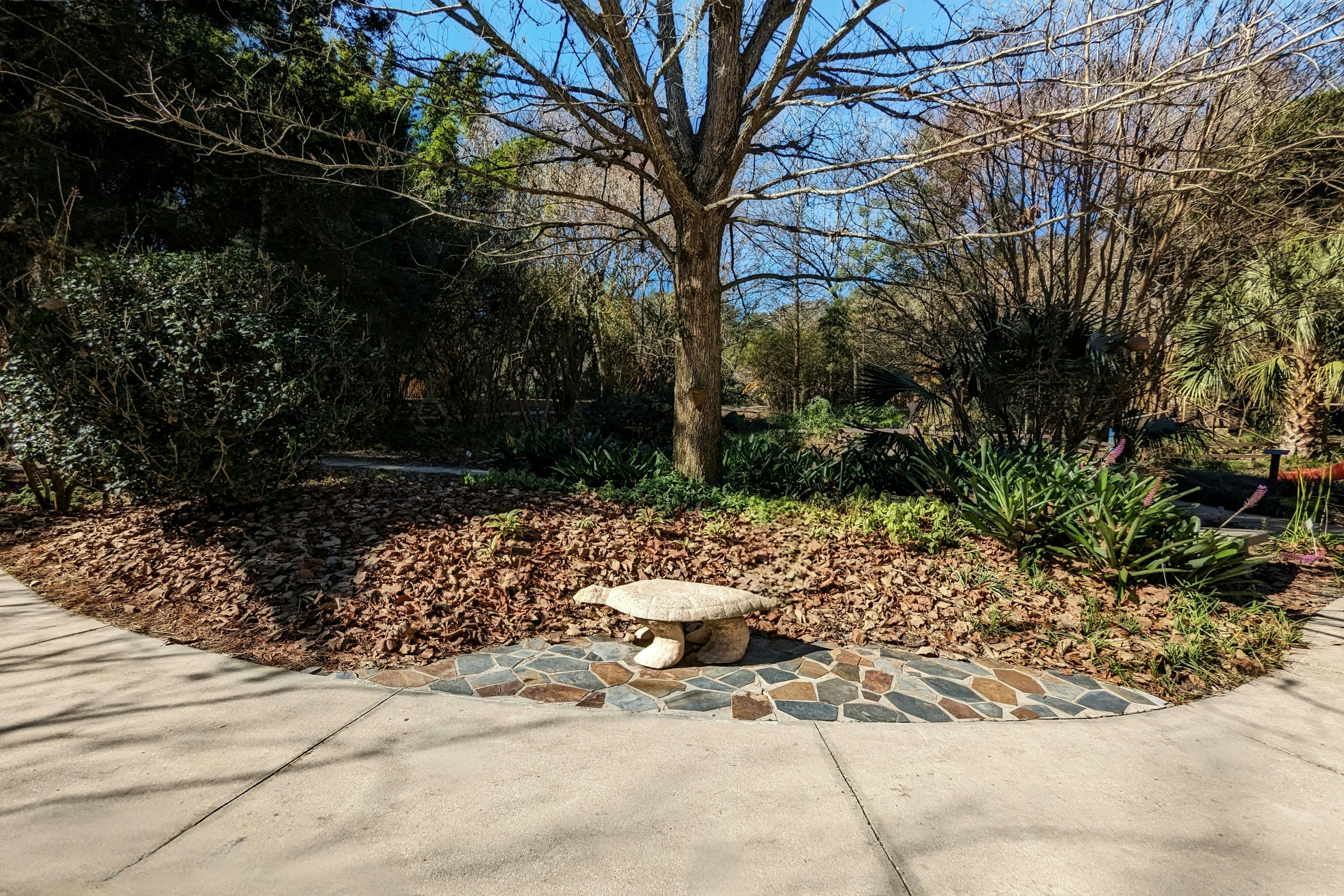 Stone bench in park setting