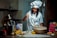 a woman in a chef's outfit is making food