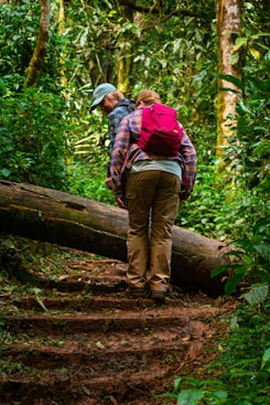 a couple of people that are walking in the woods