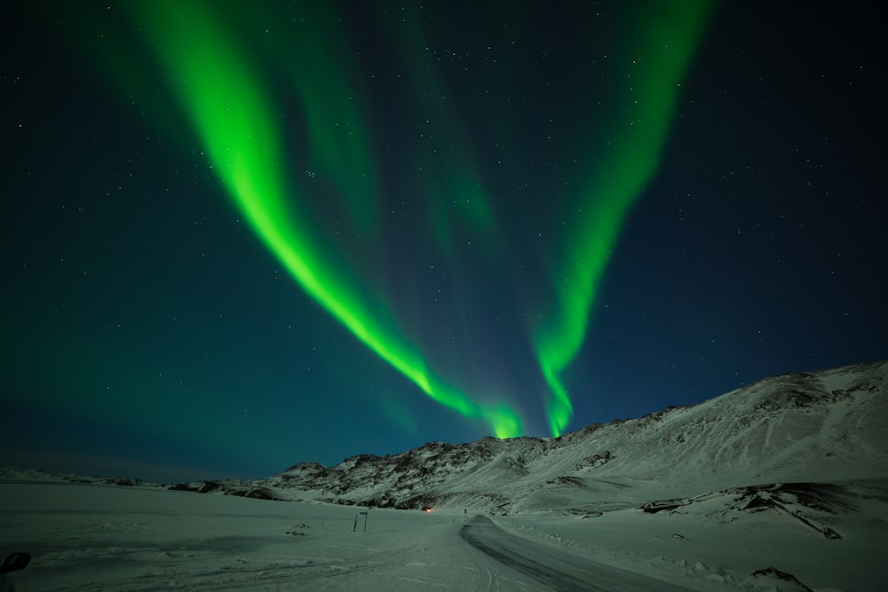 a green aurora bore over a snow covered mountain
