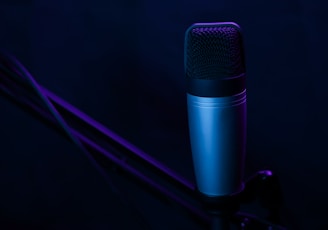 a microphone on a stand in a dark room