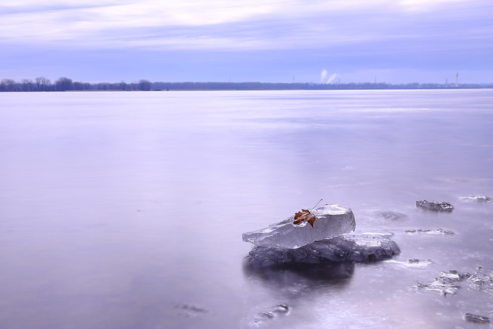 una roca sentada en la parte superior de un lago congelado