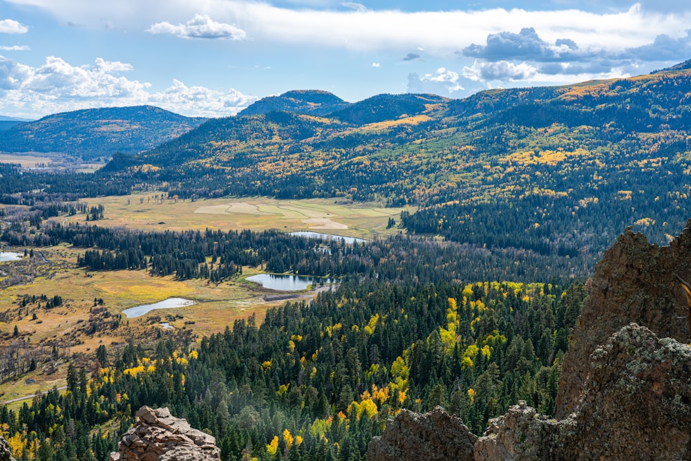 a scenic view of a valley surrounded by mountains