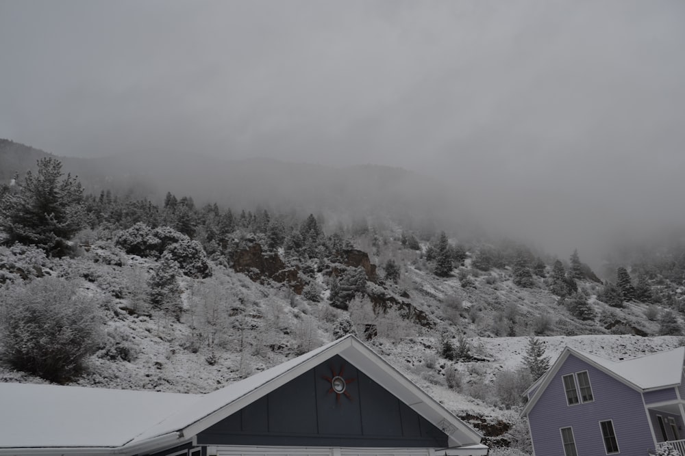 a mountain covered in snow with a house in the foreground