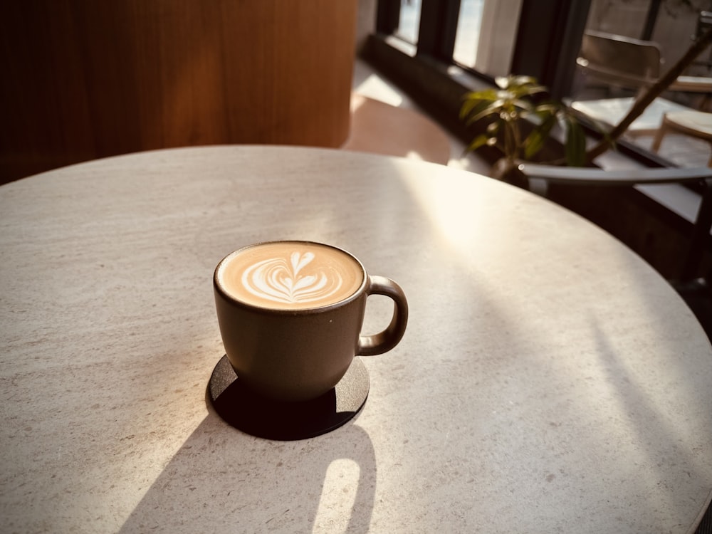 a cup of coffee sitting on top of a table