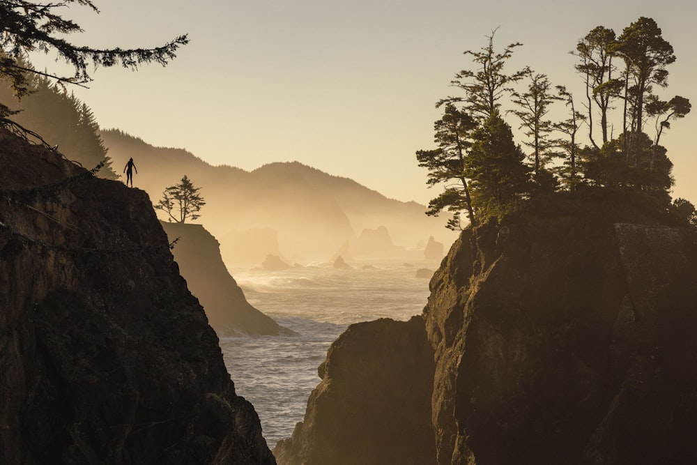 a person standing on a cliff overlooking the ocean