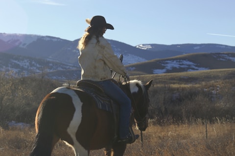 a woman riding on the back of a brown and white horse