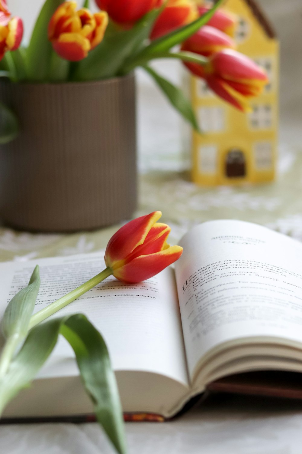 a book opened on a table next to a vase of tulips