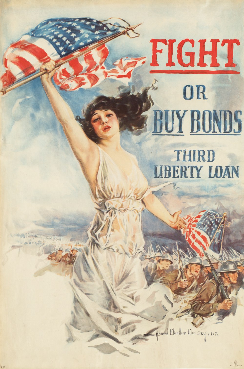 a poster of a woman holding an american flag