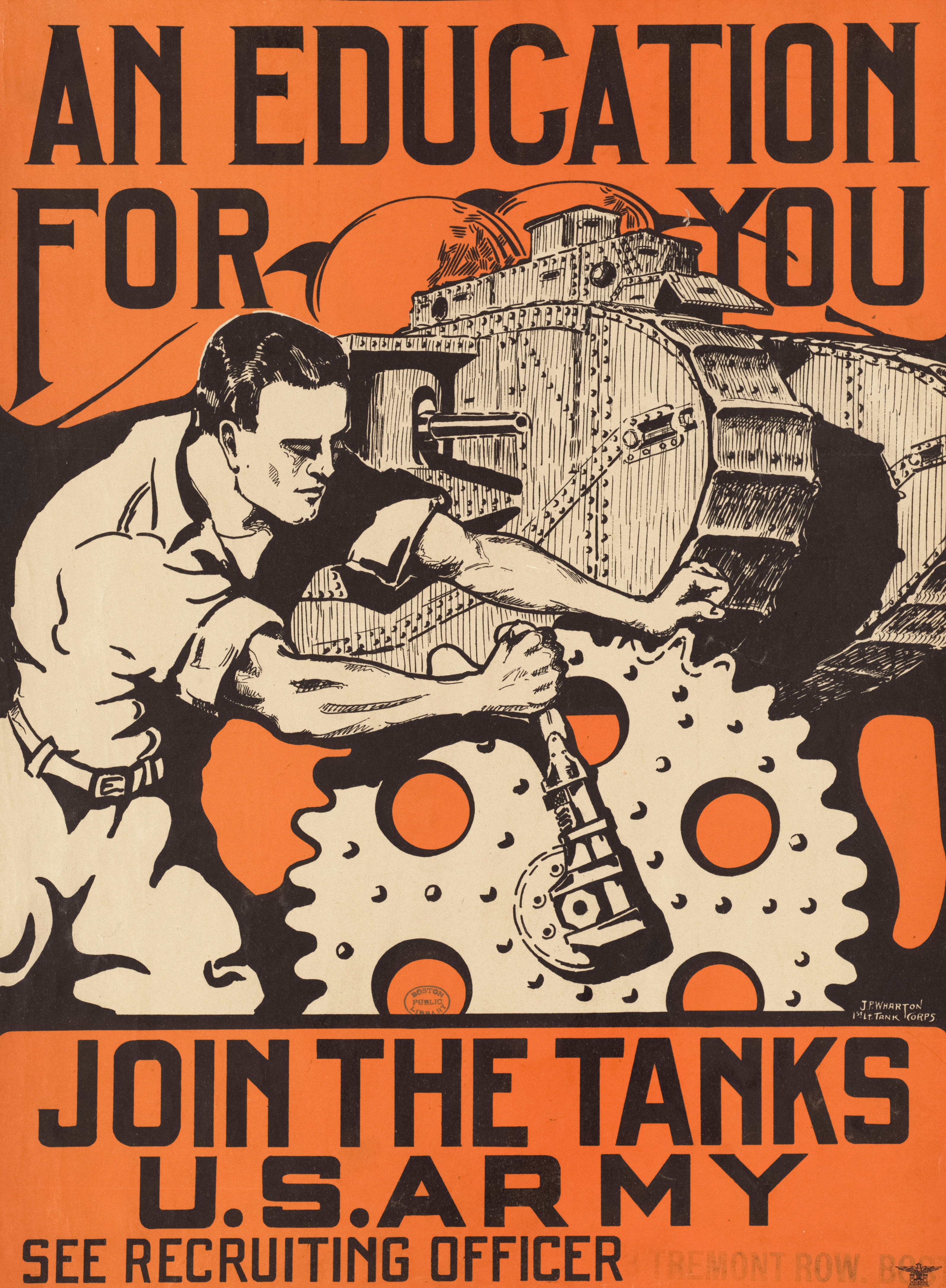an orange poster with an image of a man working on a tank