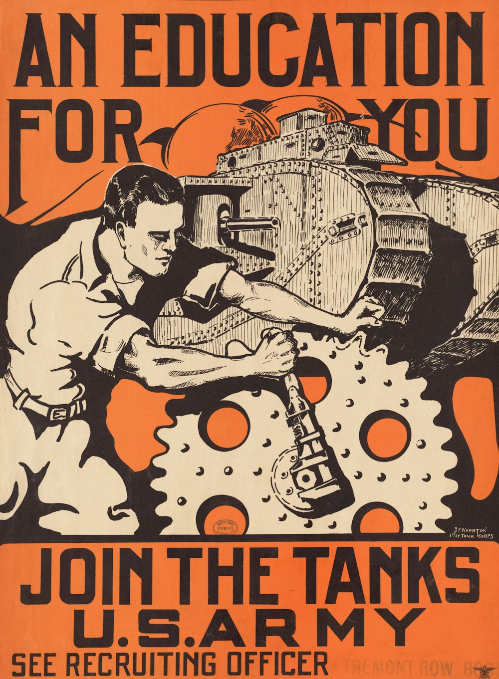 an orange poster with an image of a man working on a tank