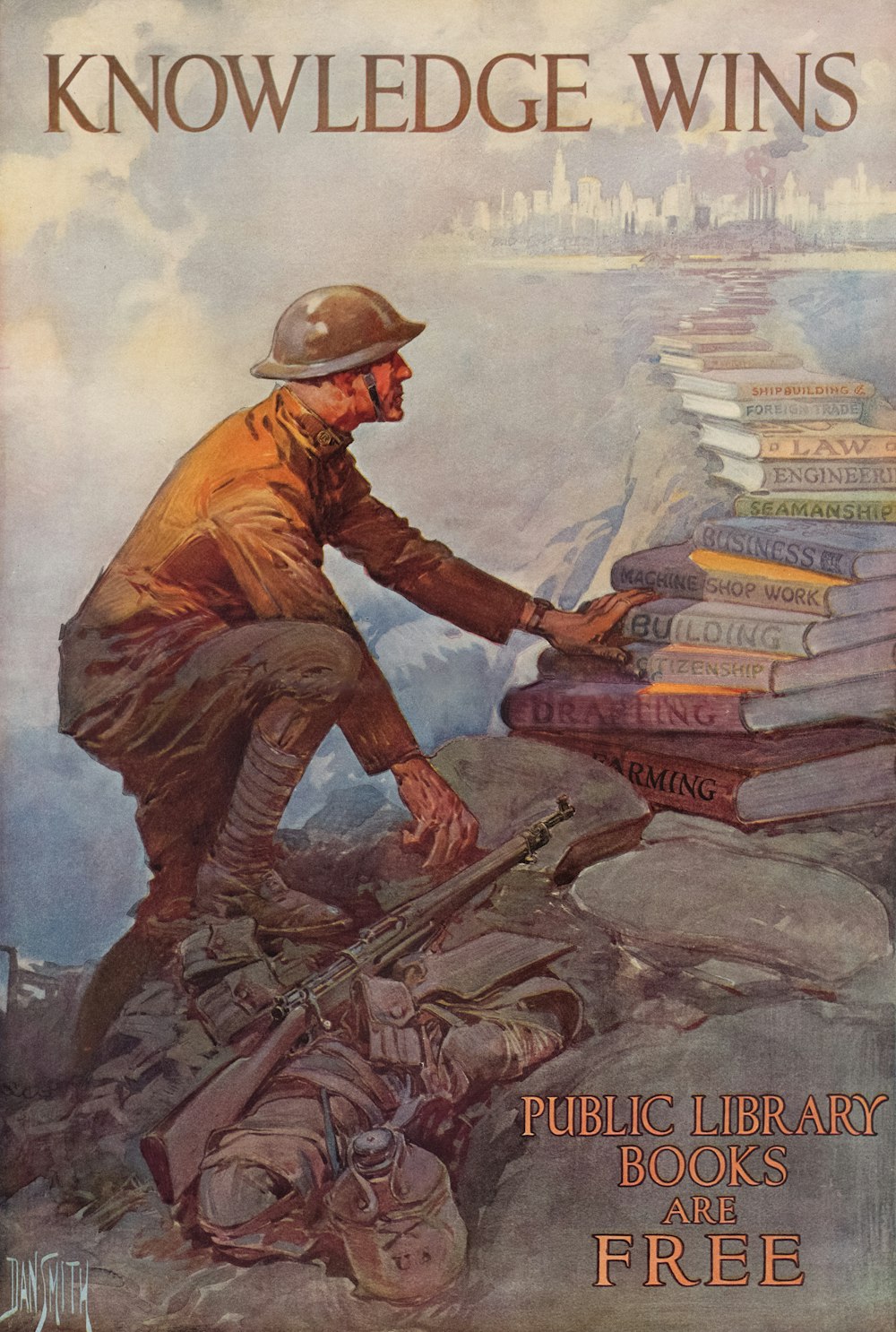a book cover with a man putting books on top of a pile of books