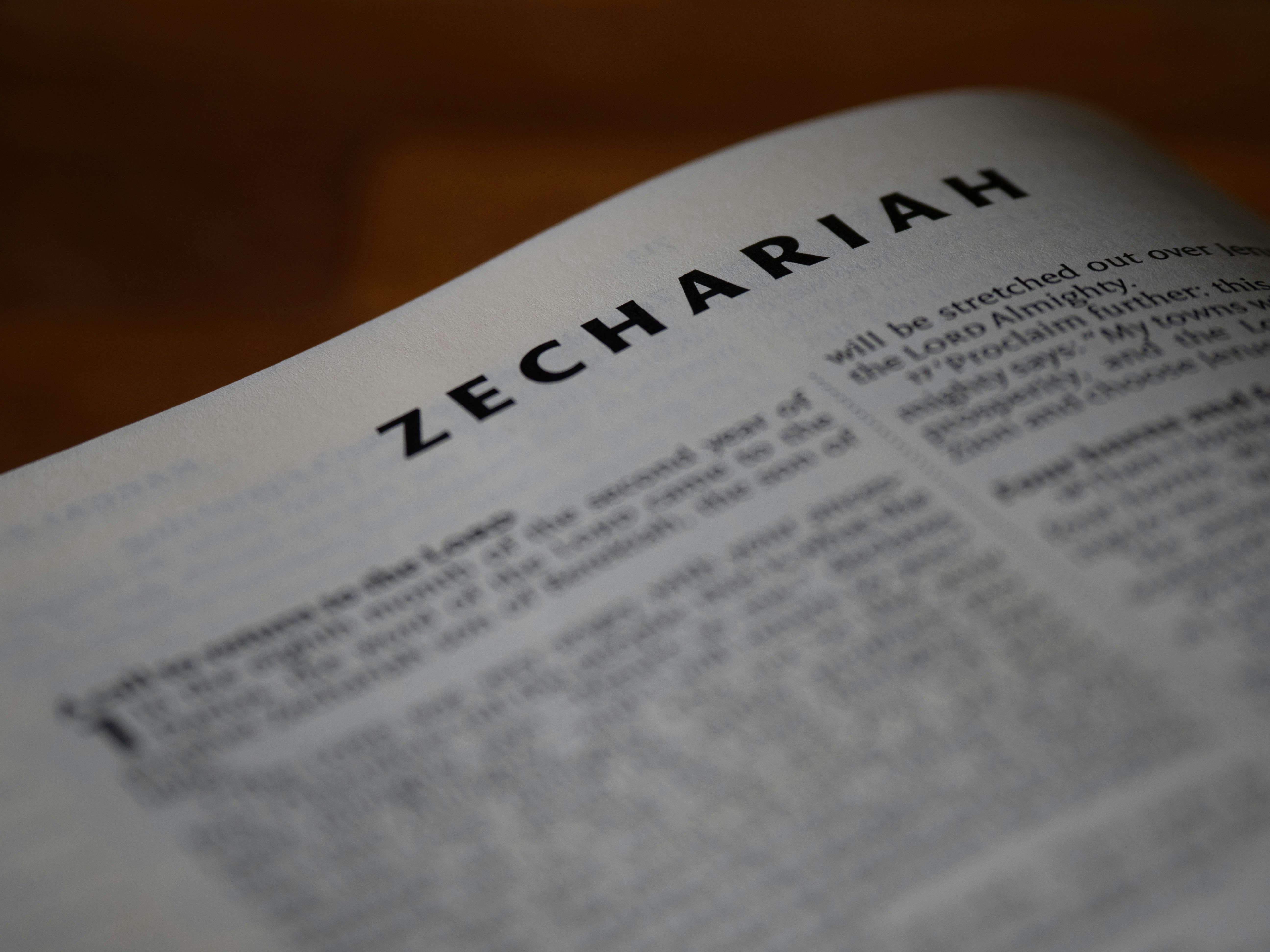 a close up of a book with the word zechariah on it