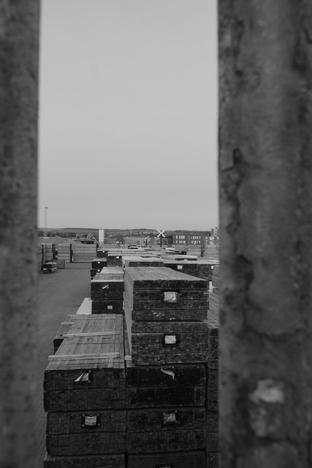 a black and white photo of a bunch of boxes