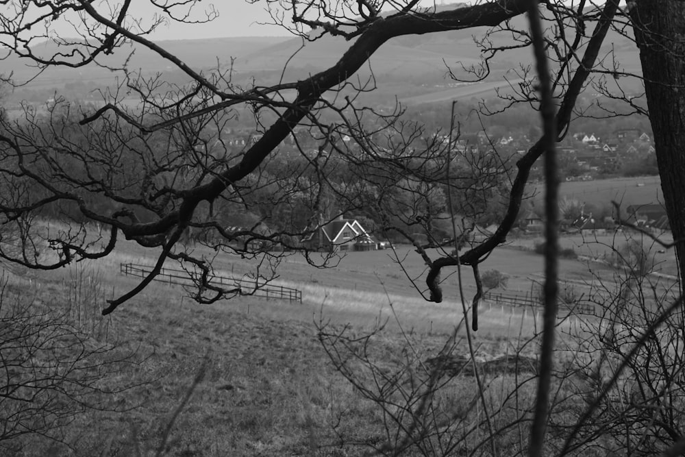 a black and white photo of a house in the distance