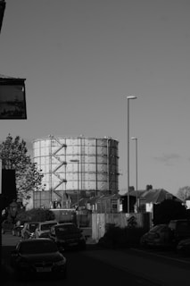 a black and white photo of a large tank