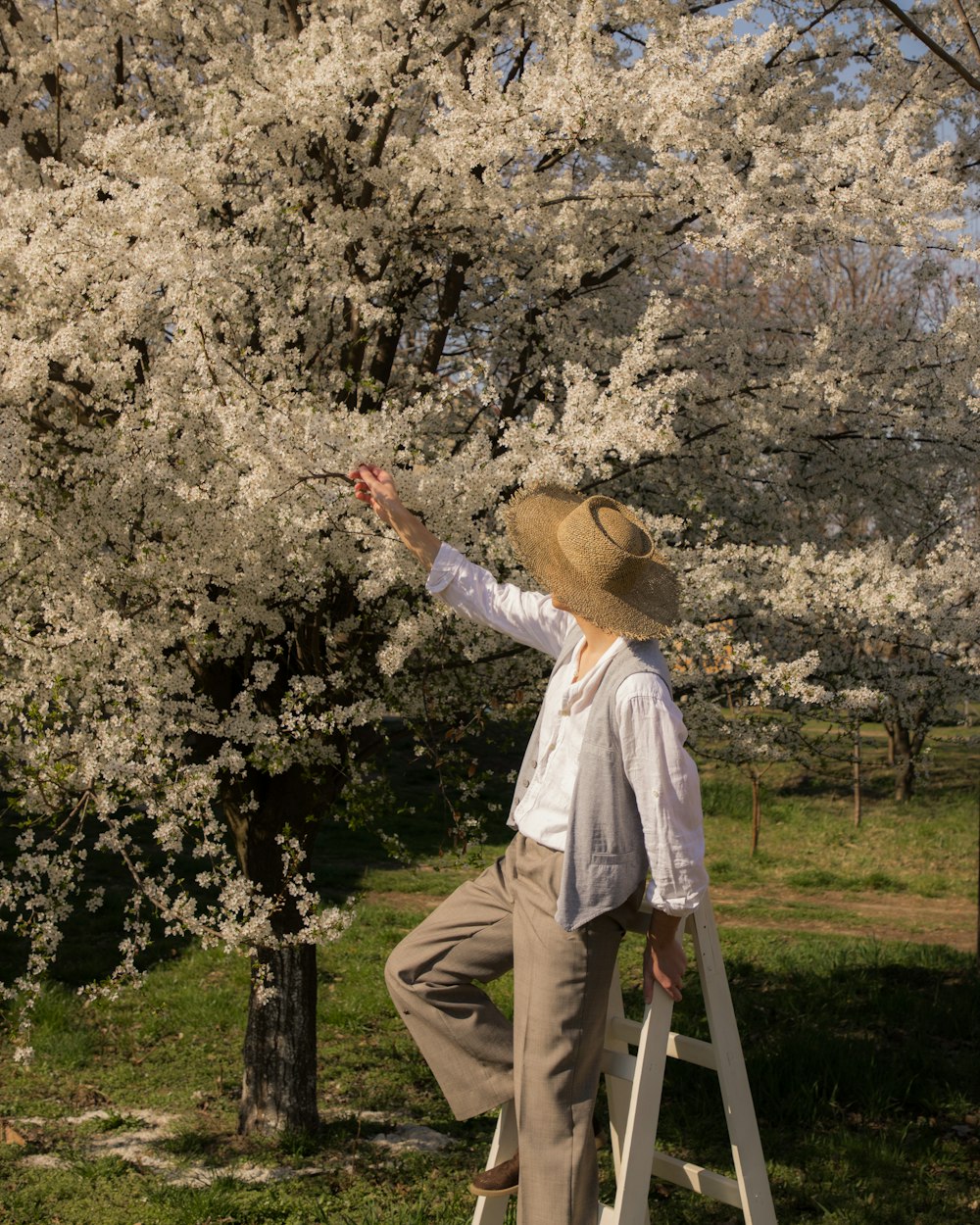 a man standing on a ladder reaching up to a tree