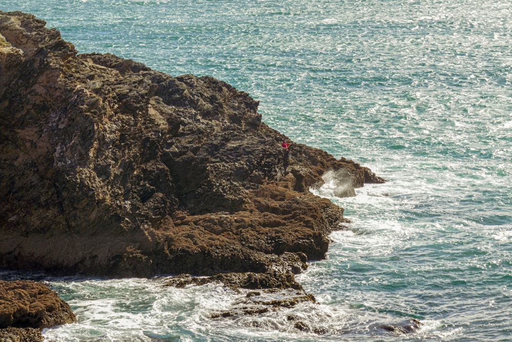 a person standing on a rock next to the ocean