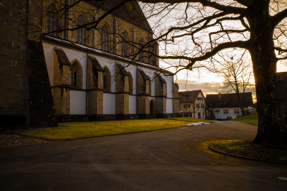 a large building with a tree in front of it