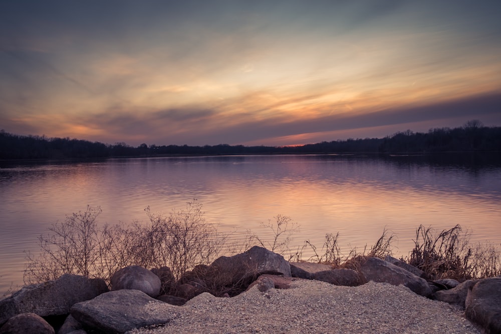 a body of water surrounded by rocks and grass