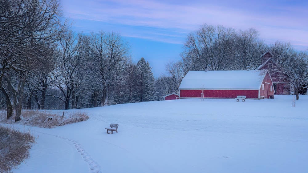 a snowy field with a red barn and a bench