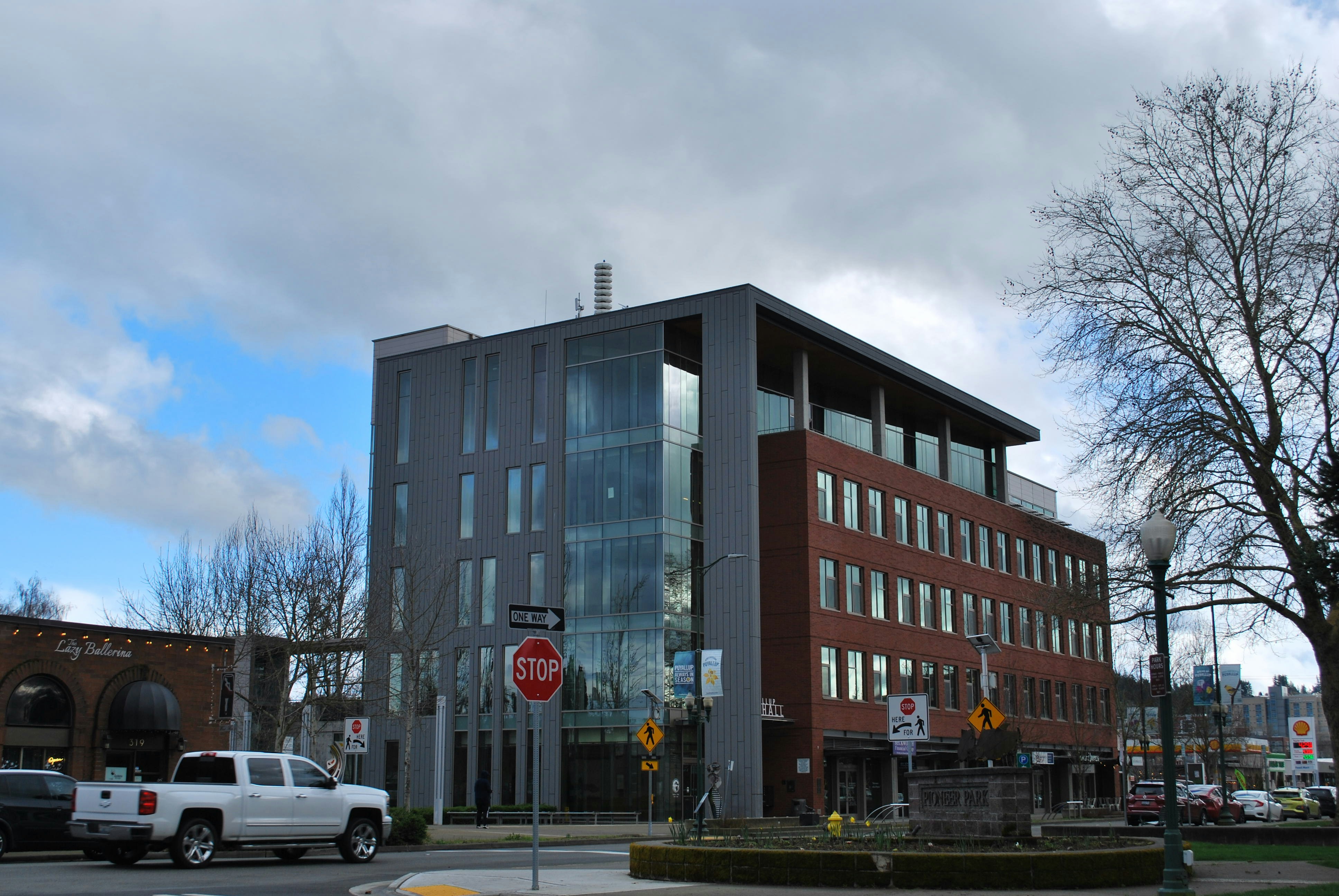 a building with a stop sign in front of it