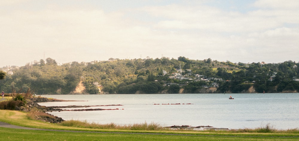 a body of water surrounded by a lush green hillside