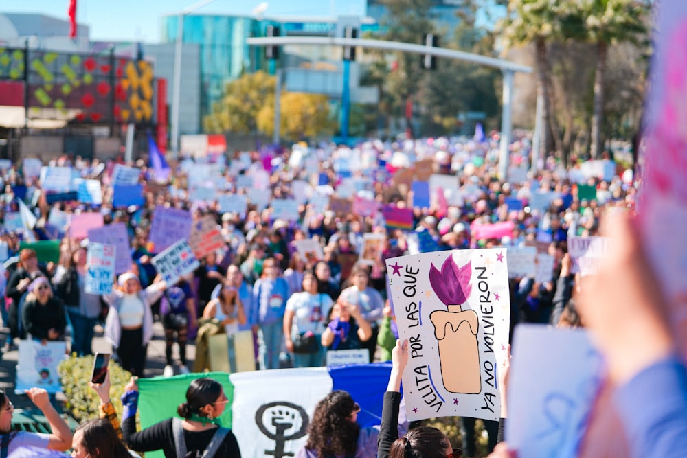 a large crowd of people holding signs and flags