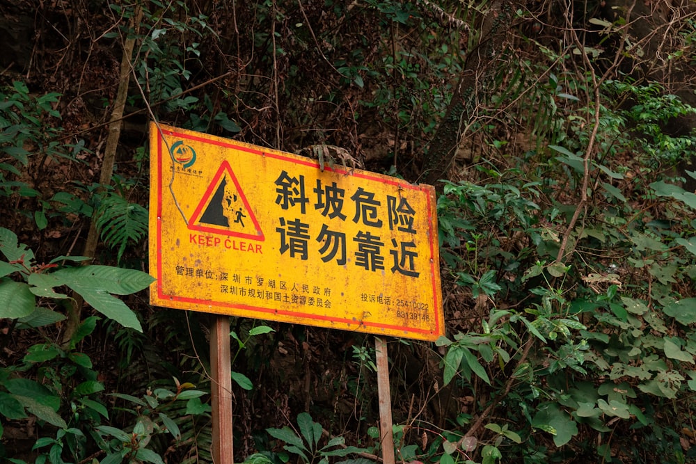a yellow and red sign sitting in the middle of a forest