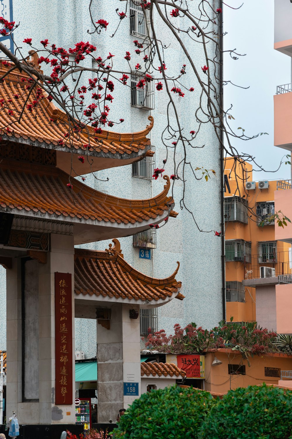 a chinese building with a red flowered tree in front of it