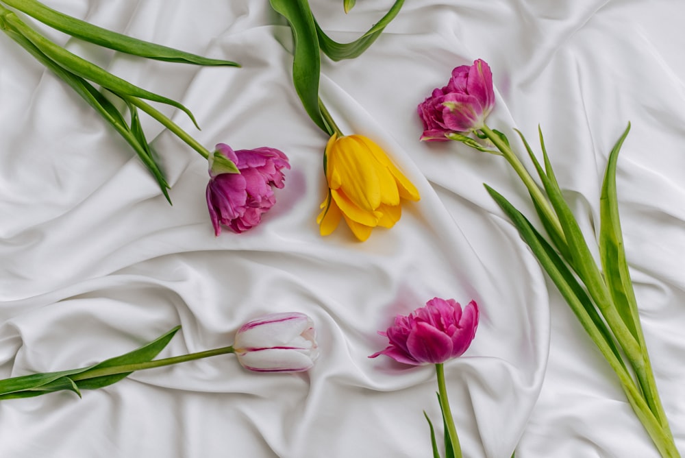 a bunch of flowers that are laying on a bed