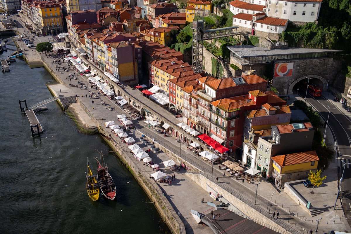 Porto January — aerial view of the Ribeira waterfront and Douro River in winter light