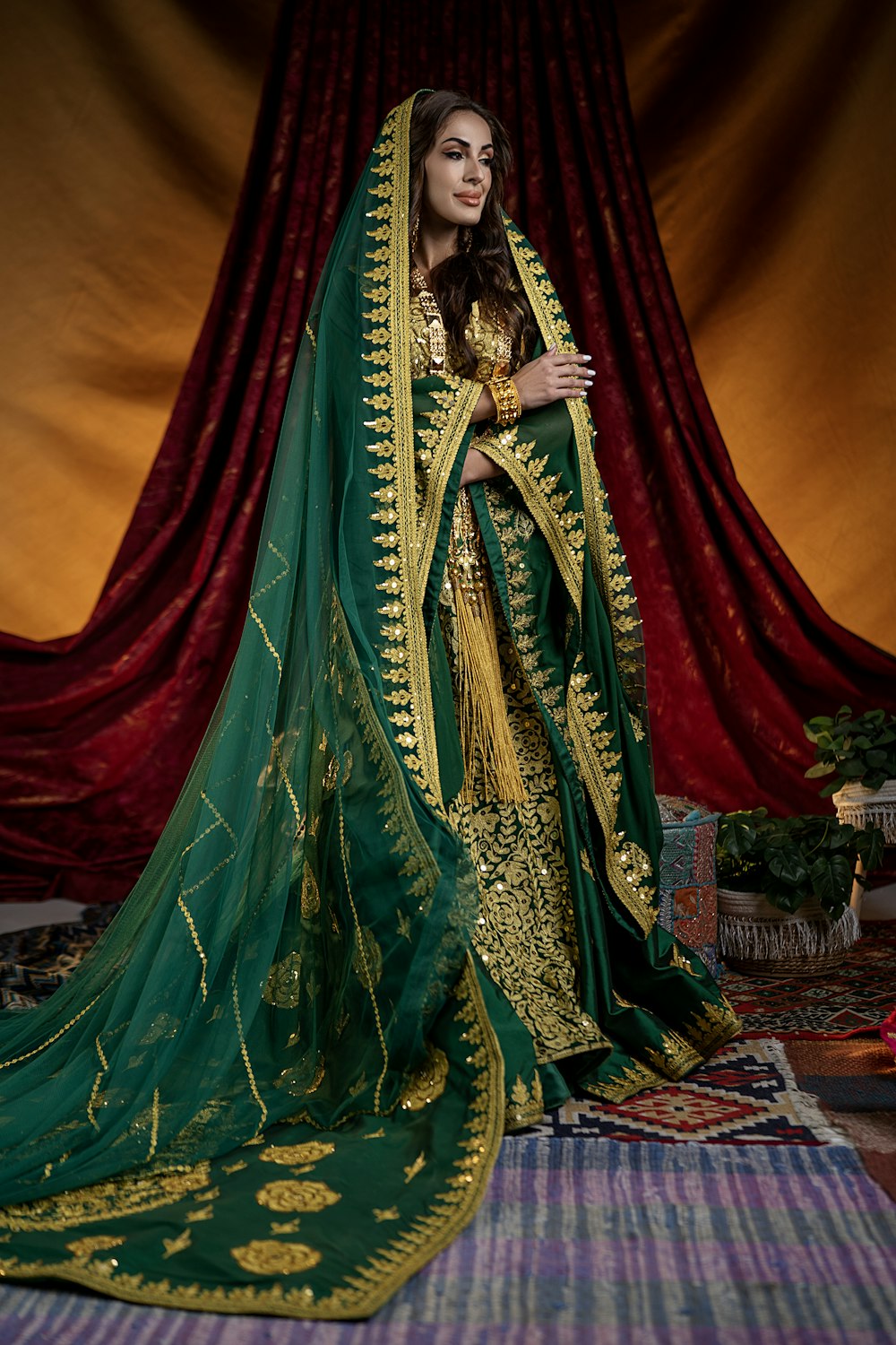 a woman in a green and gold dress