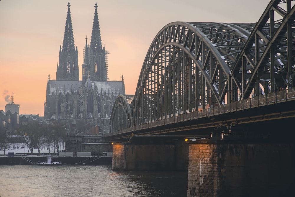 a large cathedral towering over a city next to a river