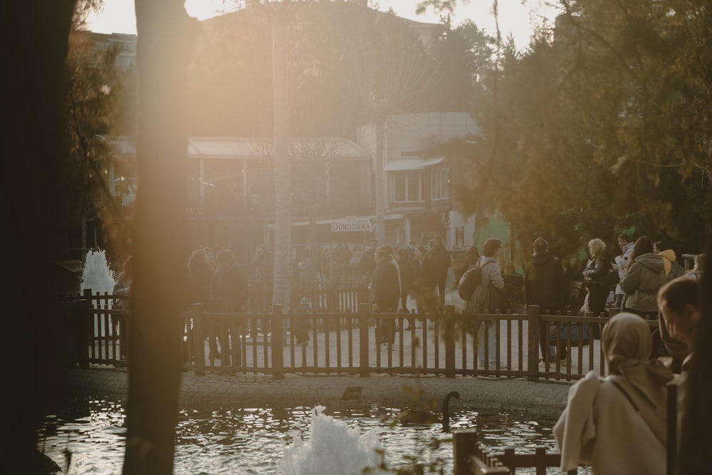 a group of people standing around a pond