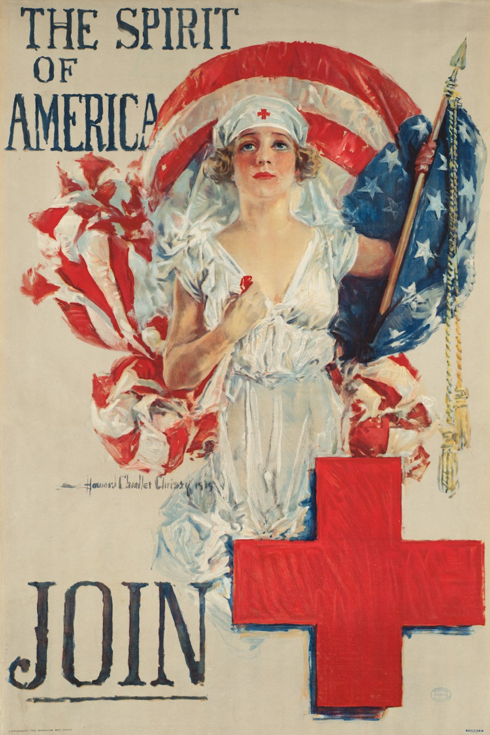Ein Plakat des Roten Kreuzes mit einer Frau, die eine amerikanische Flagge hält