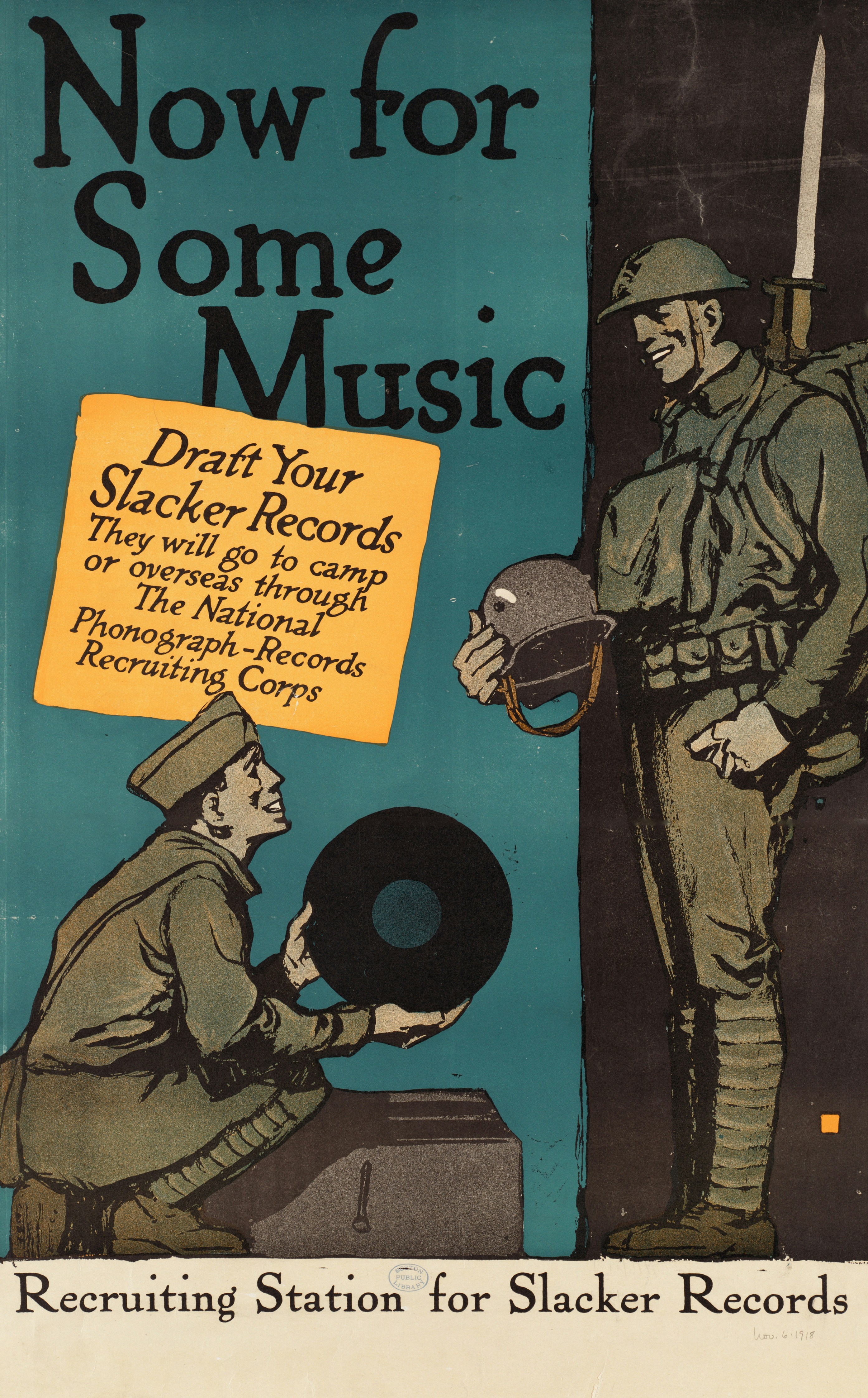 a poster with a soldier handing a record to another soldier