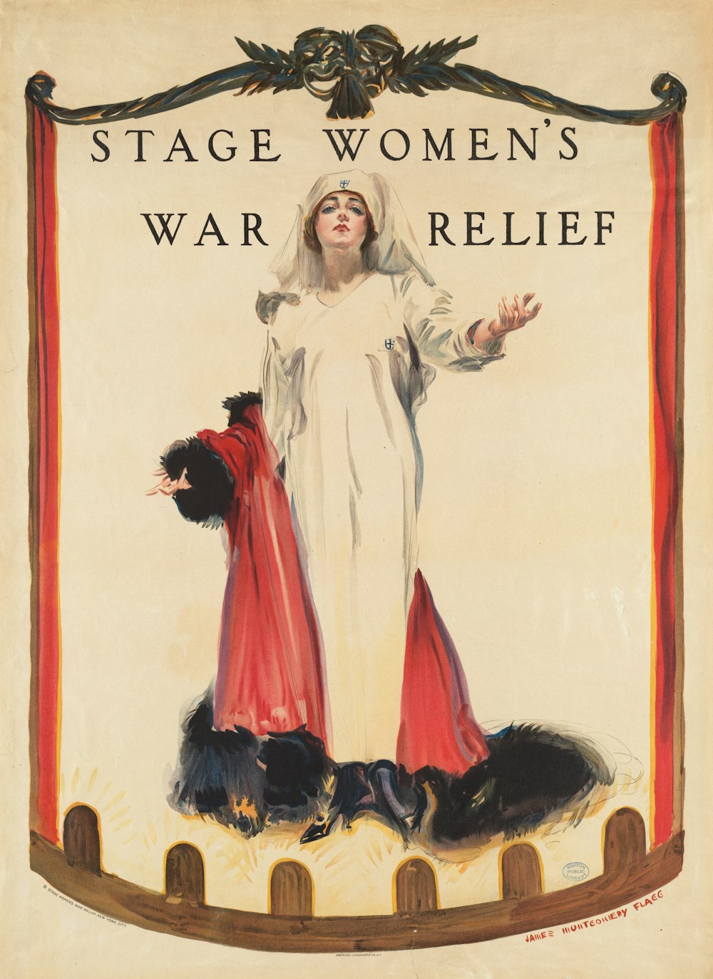 a vintage poster of a woman in a white dress