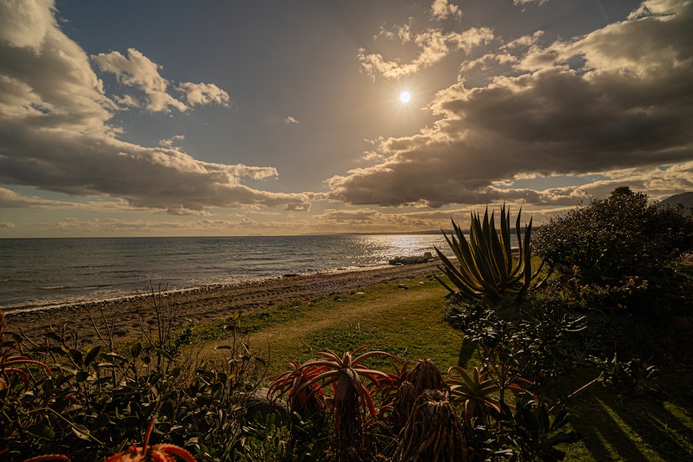 the sun is setting over the ocean on a cloudy day