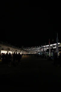 a crowd of people standing around a building at night