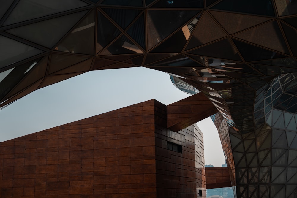 a view of a building from under the roof