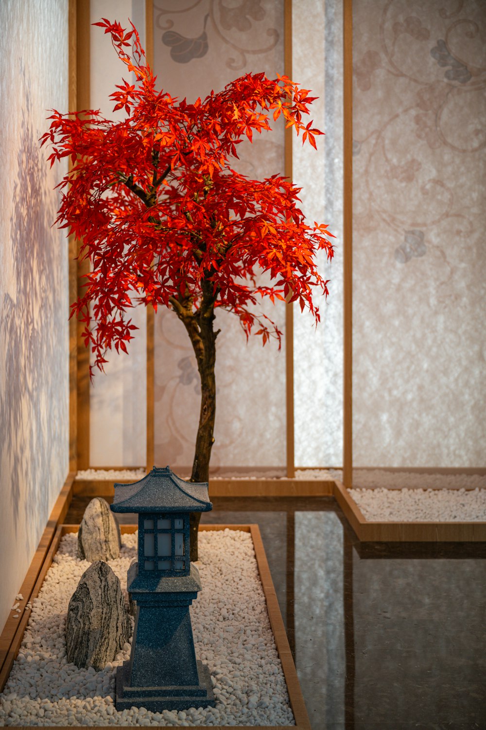a bonsai tree with red leaves in a room