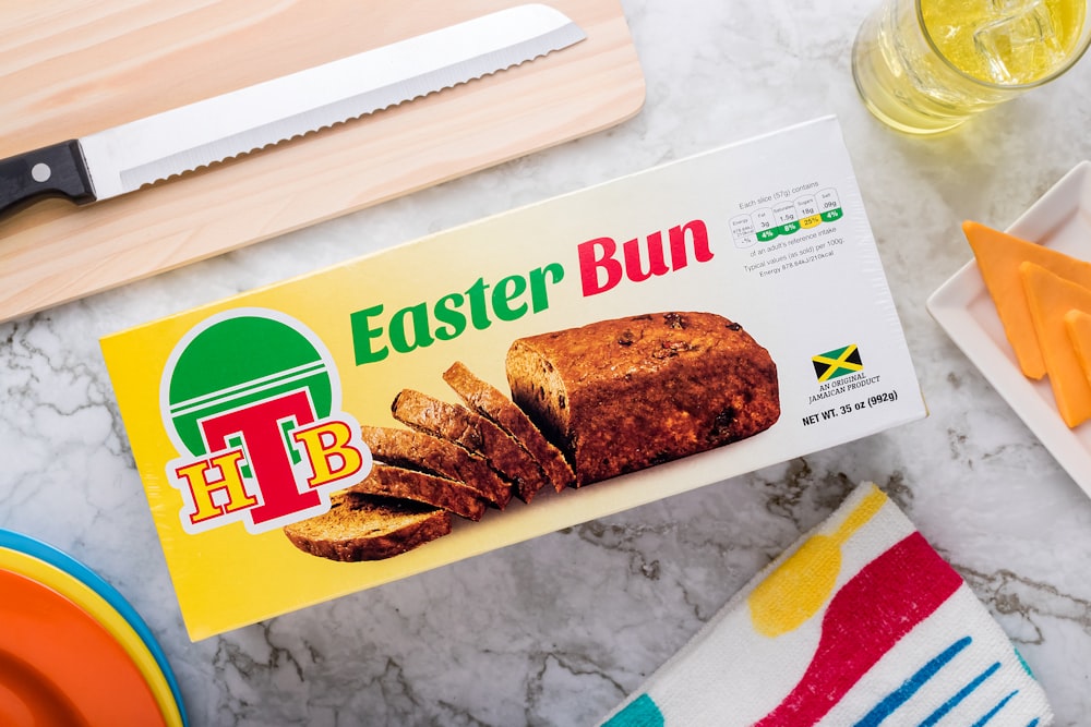 a box of easter bun sitting on top of a counter