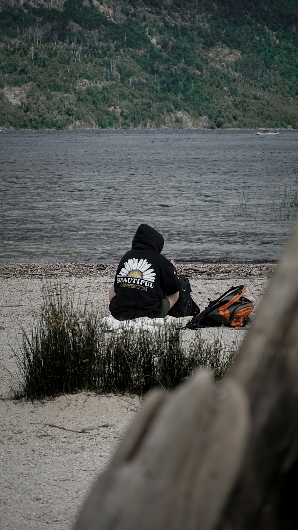 a person sitting on a beach next to a body of water