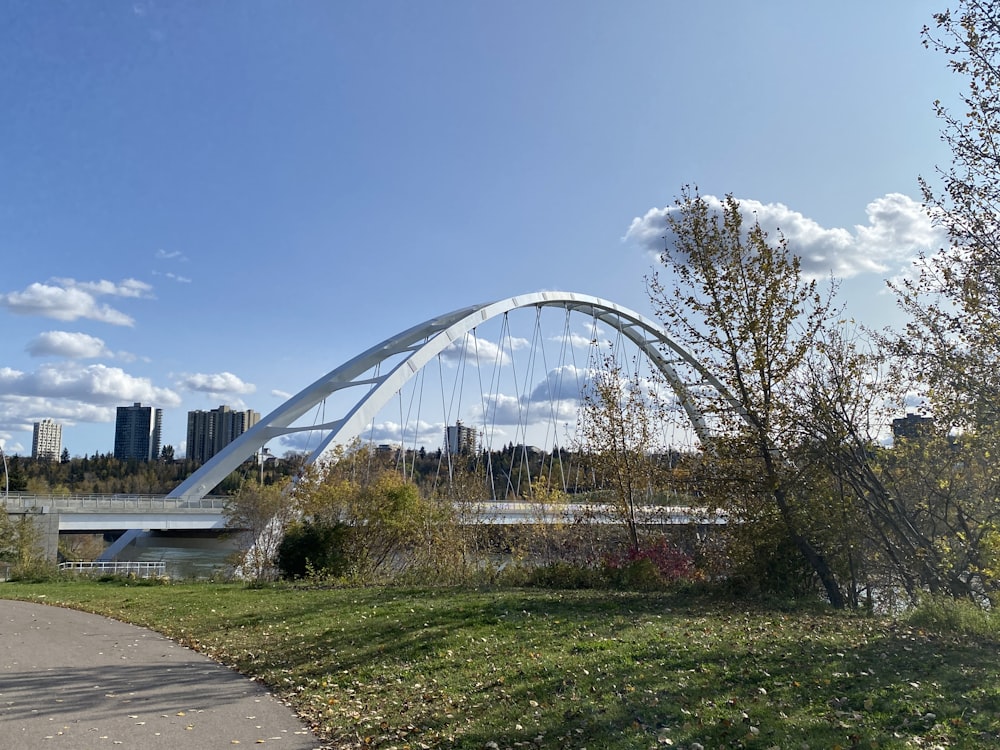 a large white bridge over a river next to a lush green park