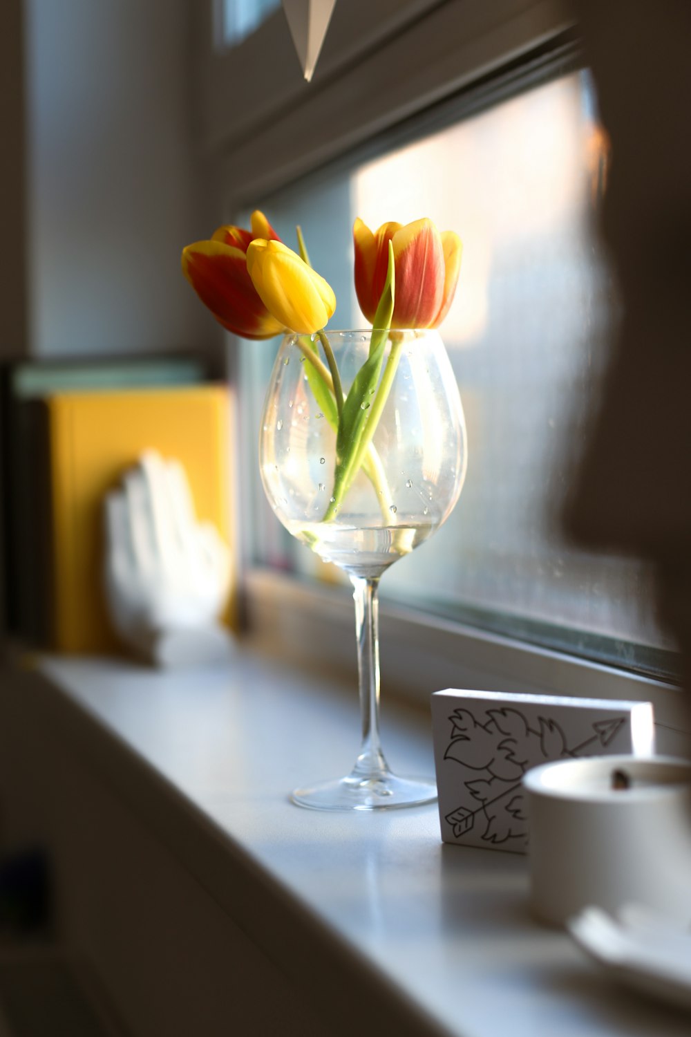 a window sill with a wine glass and a flower in it