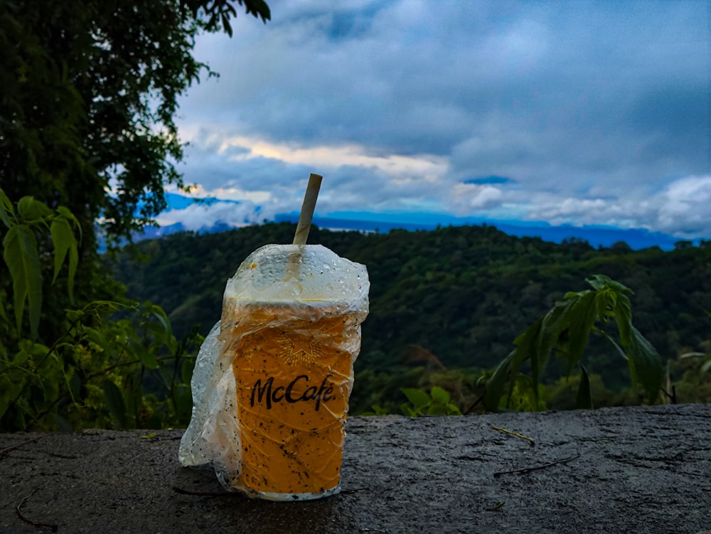 a plastic cup with a straw on top of it