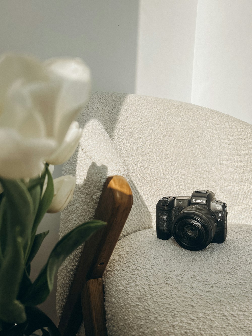 a camera sitting on a chair next to a flower
