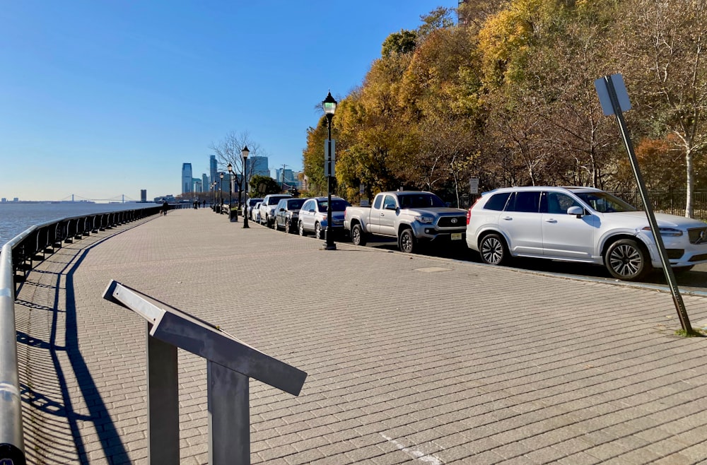 a row of parked cars on a street next to a body of water